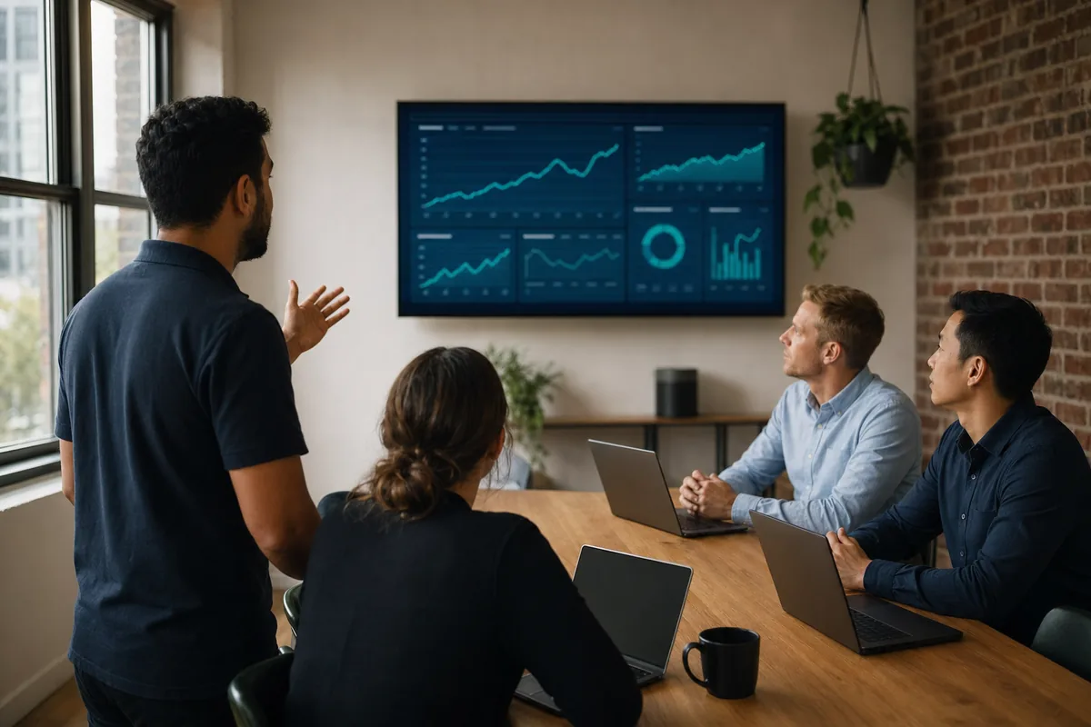 Jacobian engineers reviewing cloud cost analytics dashboards with a customer in a strategy session