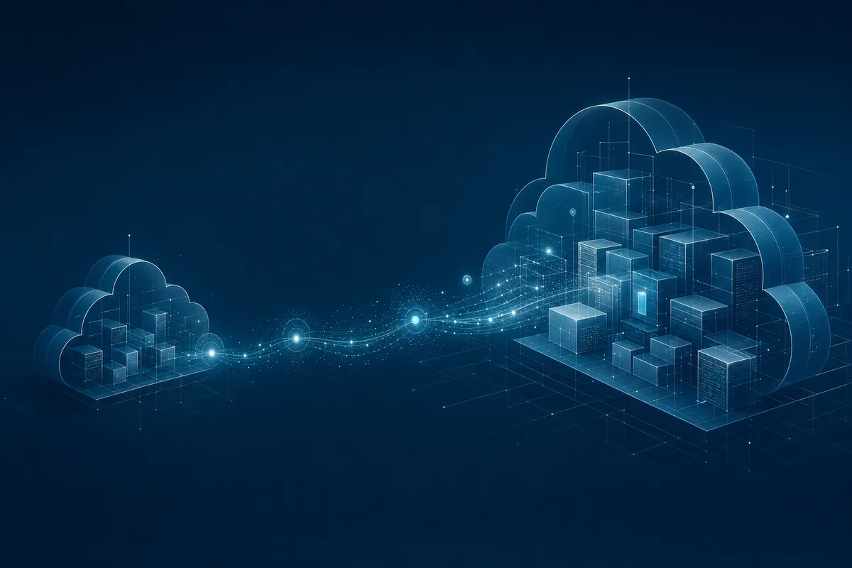 Cloud architecture migration diagram with deep navy and teal palette