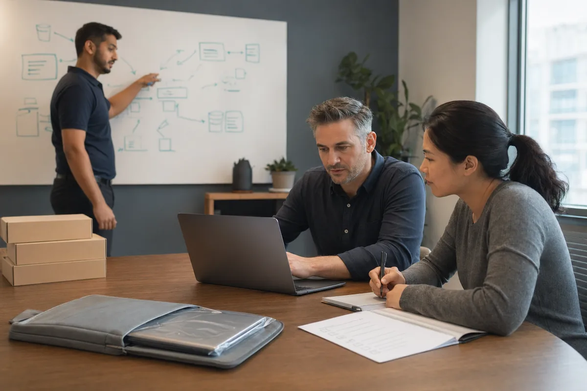 Jacobian operations lead walking a customer through asset lifecycle on a whiteboard, with a sealed onboarding laptop on the conference table