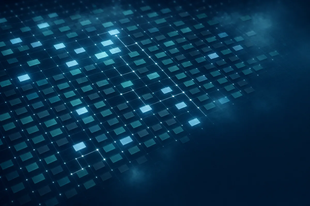 Top-down lattice of glowing inventory cells representing IT asset cataloging