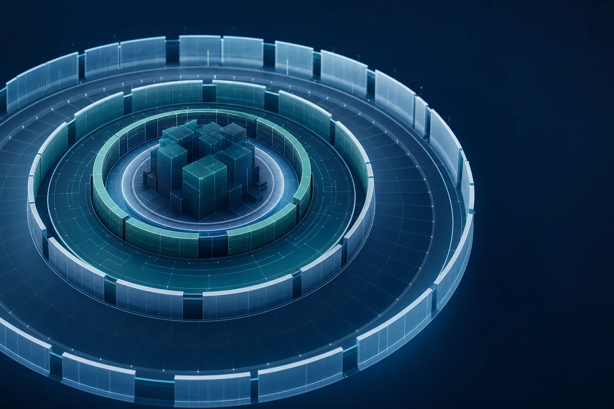 Concentric hexagonal lattice rings representing layered compliance controls for FedRAMP