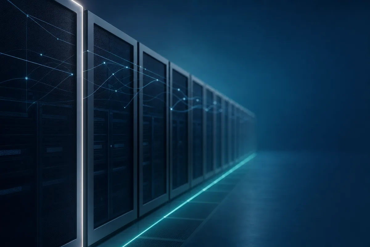 Low-angle row of matte-black server racks with thin teal floor-strip and faint network line overlay