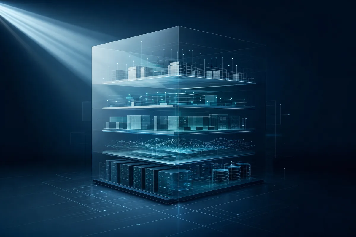 Editorial illustration of layered observability panels representing IT due diligence
