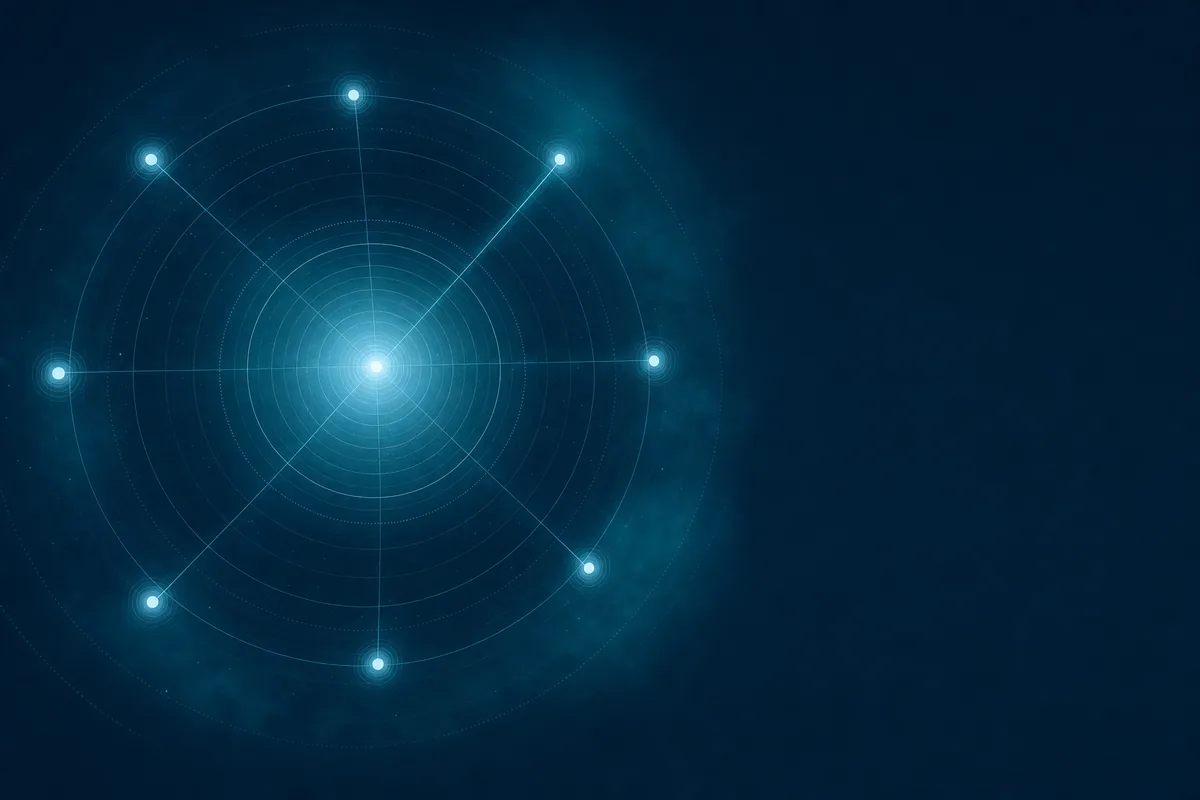 Concentric hexagonal lattice rings forming an emergent shield silhouette, representing layered detection and response